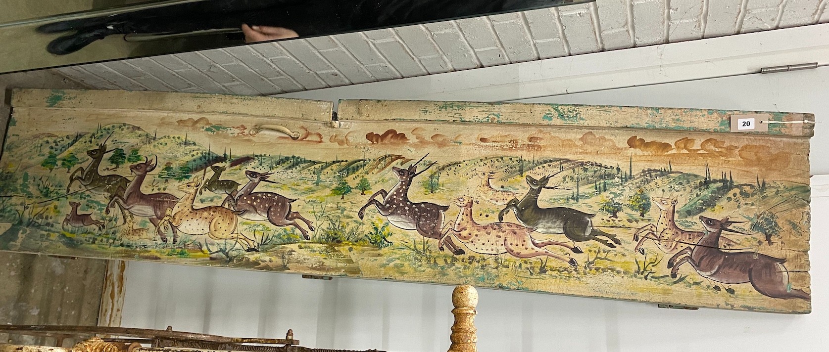 An eastern rectangular decorative wooden panel, painted with deer, width 193cm, height 42cm